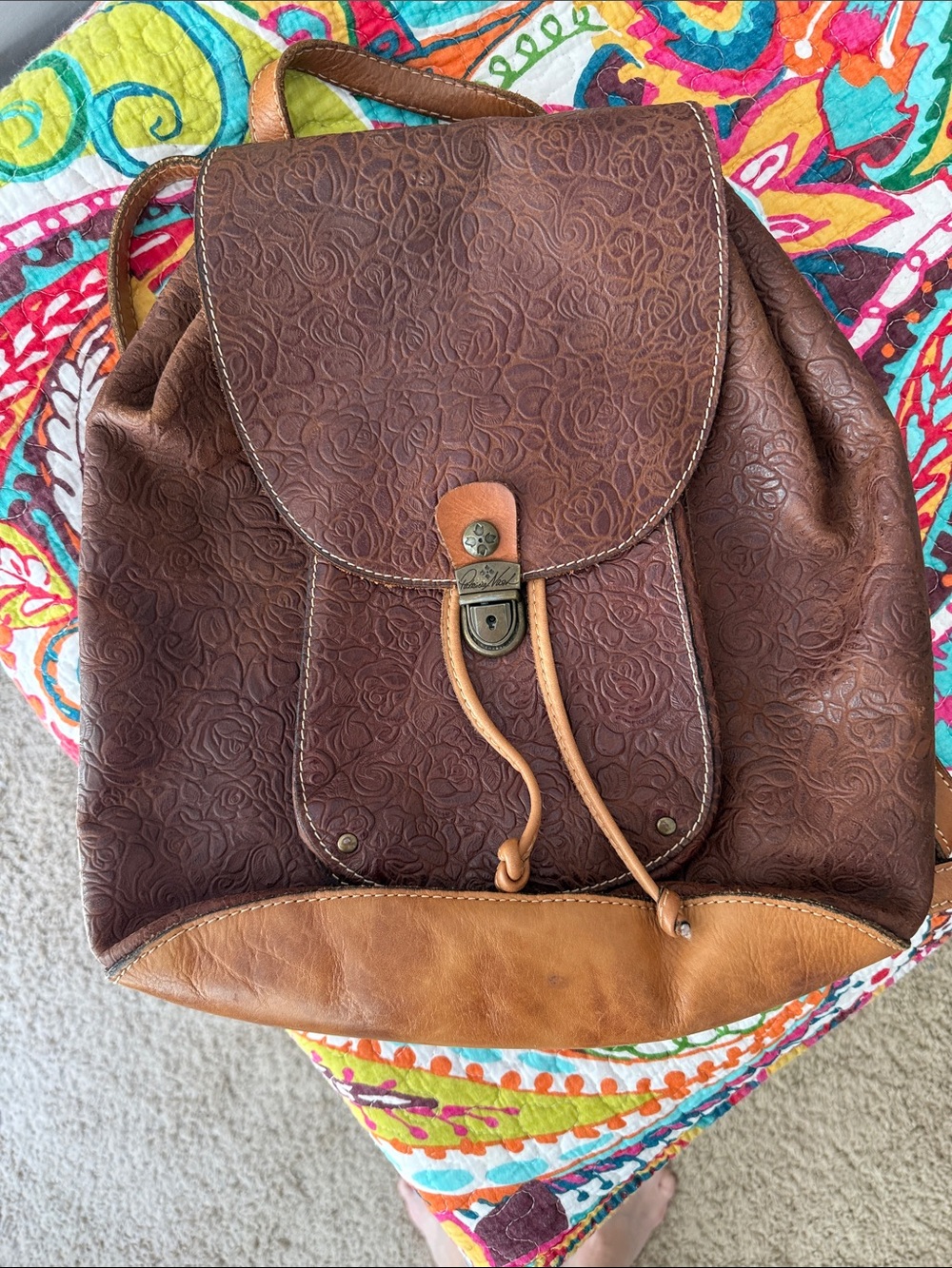 Patricia Nash Brown Embossed Floral Leather Backpack with Tan Trim